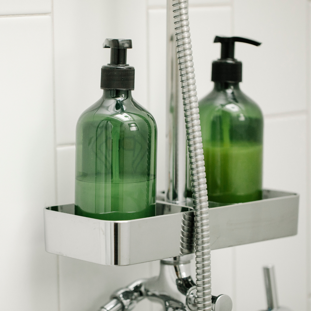 shower caddy with two bottles of shower gel