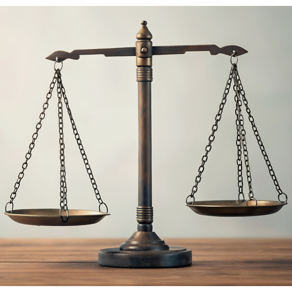 scales of justice sitting on a wooden table and in front of a gray background