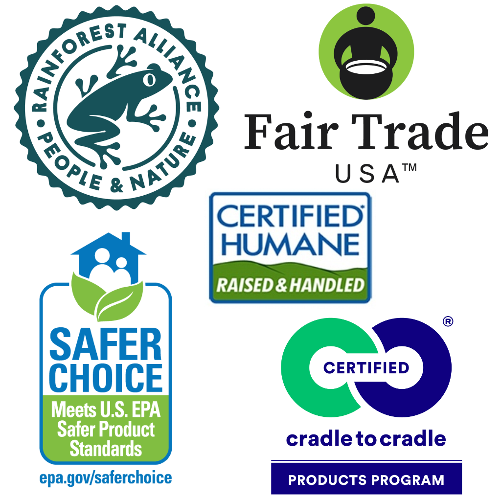 Collage of logos from Rainforest Alliance, Fair Trade USA, Safer Choice, Cradle to Cradle, Certified Humane